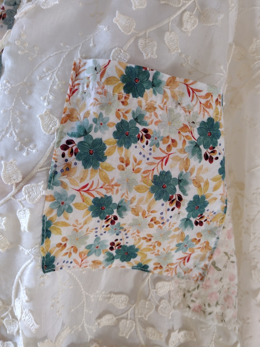 NWOT POL Floral Patchwork Lace Shacket in Cream & Teal - Picture 7 of 15